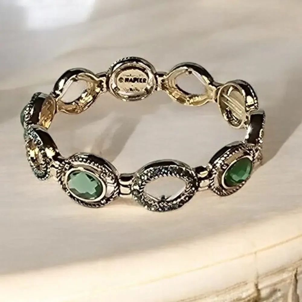 Napier Green Crystal Stretch Bracelet Vintage Gold Tone Moody Glam